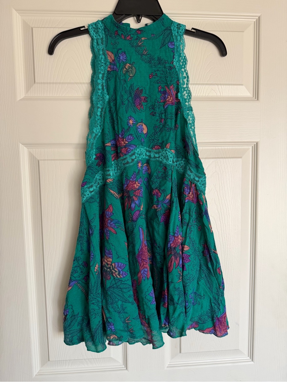 Free People Teal Floral Lace-Trim Mini Dress